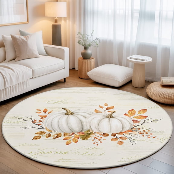 Thanksgiving Fall 3' Round Rug for Bathroom Accent Bedside Corner, Rustic White Pumpkin Berry Leaves Handwriting Washable Non Slip Soft Circle Area Rug for Small Spaces Entryway