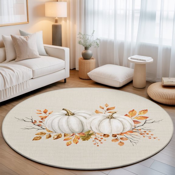 Thanksgiving Fall 3' Round Rug for Bathroom Accent Bedside Corner, Rustic White Pumpkin Leaves Berry Linen Texture Washable Non Slip Soft Circle Area Rug for Small Spaces Entryway