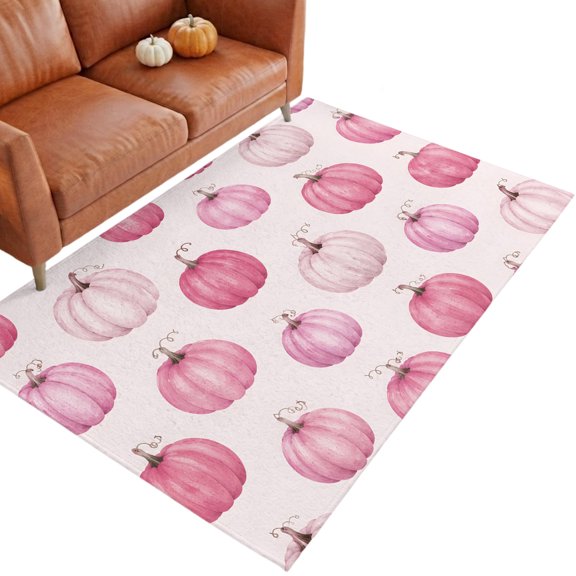 Thanksgiving Fall 3'x5' Entryway Rugs for Bedroom Foot of Bedside Small Living Room, Rustic Minimalist Blush Pink Pumpkin Washable Mats Non Slip Rectangle Area Rug