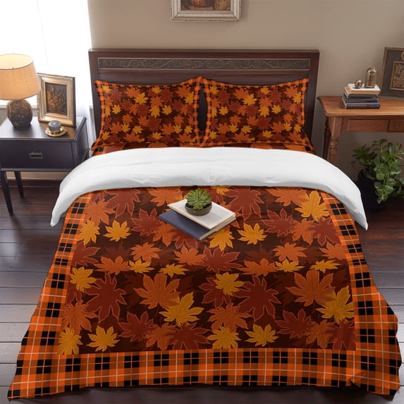 Thanksgiving Fall 4 Piece Bedding Set, Maple Leaf Orange Retro Plaid Texture Twin Size Duvet Cover Set with Zipper Closure & Corner Ties Soft Breathable Comforter Cover for Bedroom