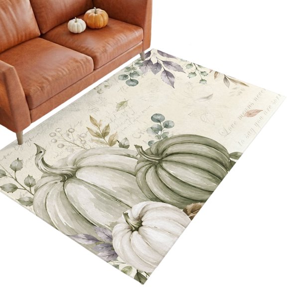 Thanksgiving Fall 4'x6' Rugs for Living Dining Table Under Bedside Apartment, Rustic Green White Pumpkin Leaf Script Letter Washable Stain Proof Mat Non Slip Rectangle Area Rug