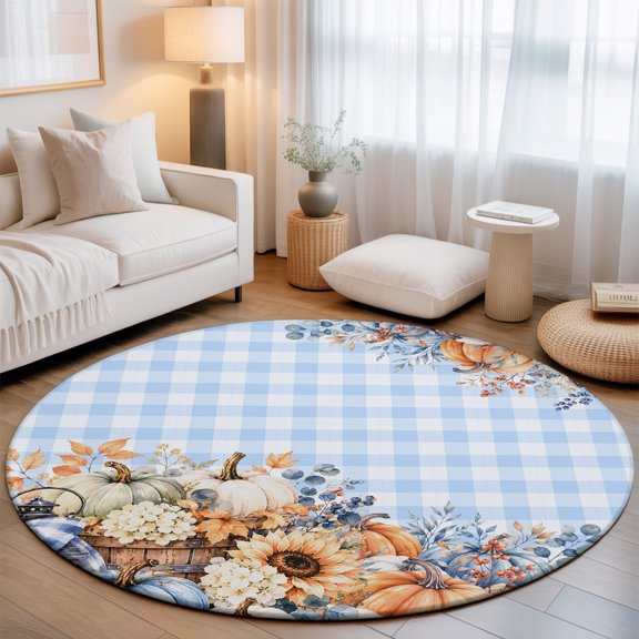 Thanksgiving Fall 7' Round Rugs for Living Room Conversation Area, Orange White Green Blue Pumpkin Blue Gingham Washable Non Slip Large Circle Area Rug Under Dining Table