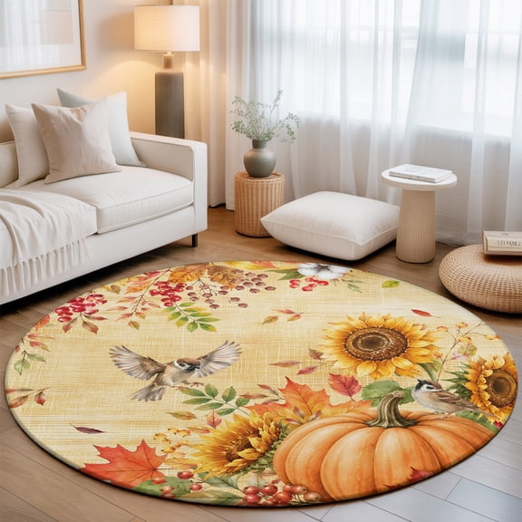 Thanksgiving Fall 7' Round Rugs for Living Room Conversation Area, Rustic Linen Orange Pumpkin Sunflower Bird Washable Non Slip Large Circle Area Rug Under Dining Table