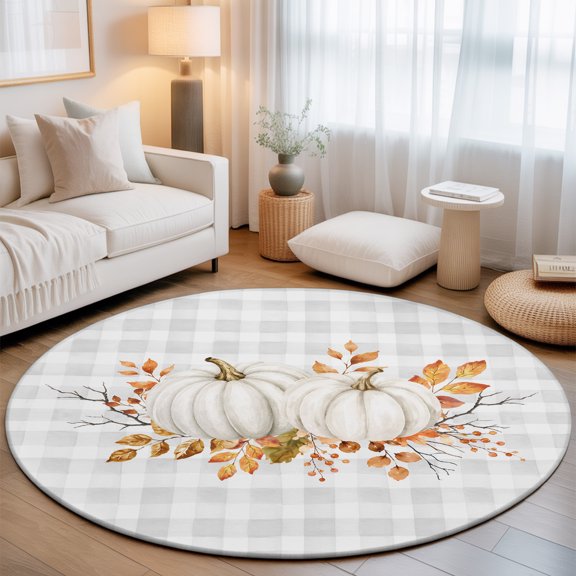 Thanksgiving Fall 7' Round Rugs for Living Room Conversation Area, Rustic White Pumpkin Berry Leaves Gray Gingham Washable Non Slip Large Circle Area Rug Under Dining Table