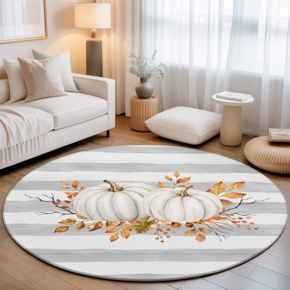 Thanksgiving Fall 7' Round Rugs for Living Room Conversation Area, Rustic White Pumpkin Berry Leaves Gray Stripe Washable Non Slip Large Circle Area Rug Under Dining Table