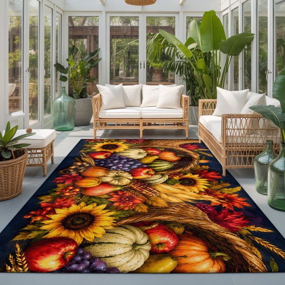 Thanksgiving Fall 9'x12' Area Rugs for Living Room Sectional Sofa, Countryside Harvest Pumpkin Fruit Grapes Sunflower Washable Sturdy Non Slip Soft Sturdy Rectangle Home Area Rug