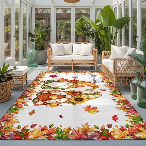 Thanksgiving Fall 9'x12' Area Rugs for Living Room Sectional Sofa, Maple Leaf Gnomes Botanical Border Forest Sunflower Washable Sturdy Non Slip Soft Sturdy Rectangle Home Area Rug