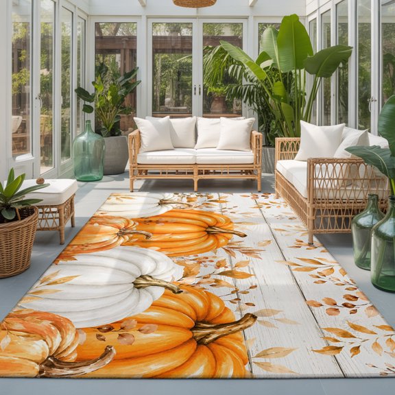 Thanksgiving Fall 9'x12' Area Rugs for Living Room Sectional Sofa, Rustic Orange Pumpkin Golden Leaves Wood Grain Washable Sturdy Non Slip Soft Sturdy Rectangle Home Area Rug