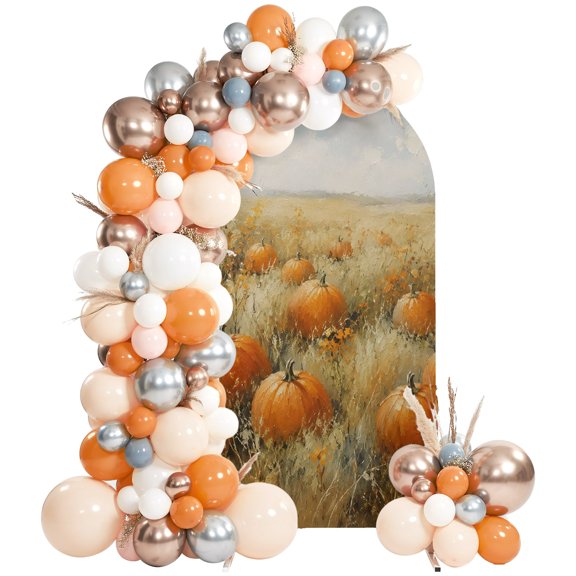 Thanksgiving Fall Arch Backdrop Cover 4 FT, Orange Pumpkin Countryside Patch Oil Paint Style Wedding Arch Cover Stretchy Backdrop Stands Covers for Birthday Party Ceremony Banquet Decor