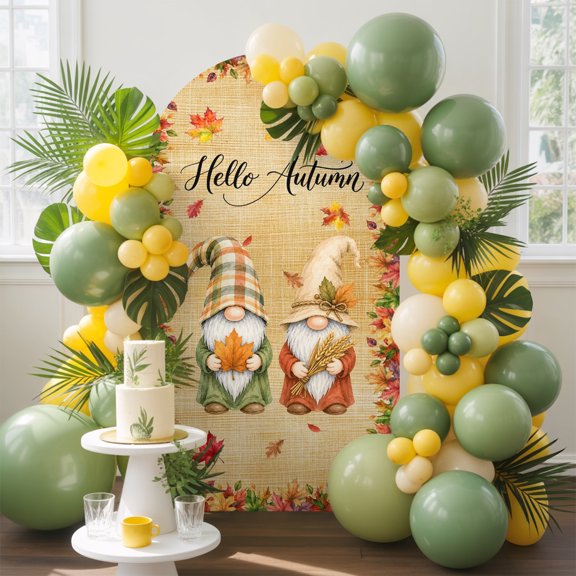 Thanksgiving Fall Arch Backdrop Cover, 4FT, Gnomes Sunflower Maple Leaf Border Linen Texture Spandex Arch Covers Double-Sided Backdrop for Wedding Birthday Party Photo Background Decoration