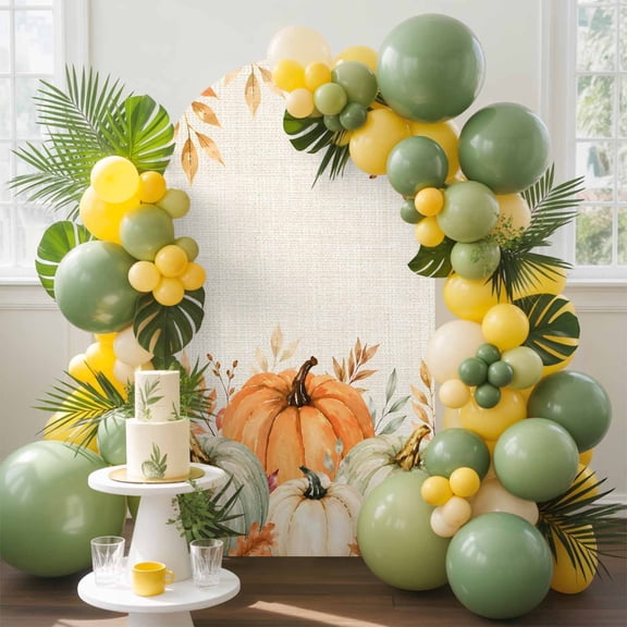 Thanksgiving Fall Arch Backdrop Cover, 4FT, Rustic Farmhouse Orange Pumpkin Linen Texture Spandex Arch Covers Double-Sided Backdrop for Wedding Birthday Party Photo Background Decoration