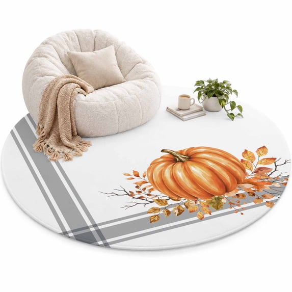 Thanksgiving Fall Area Rug 4', Rustic Orange Pumpkin Leaves Gray Plaid ...