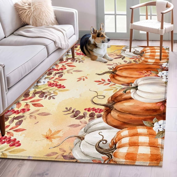 Rustic Wool Rugs Thanksgiving Fall Area Rugs 3x5ft Rustic Orange White Gingham Pumpkin ...
