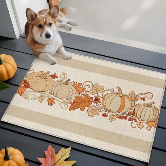 Thanksgiving Fall Bathroom Mat 2x3 FT, Non Slip Small Kitchen Mat, Beige Farmhouse Pumpkin Maple Leaves Washable Soft Backed Front Door Throw Rug Non-Shedding Indoor Outdoor Doormat for Entryway Sink