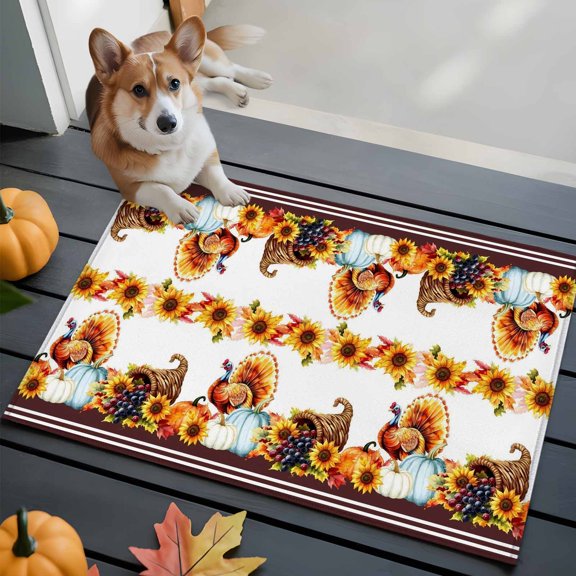 Thanksgiving Fall Bathroom Mat 2x3 FT,Non Slip Small Kitchen Mat,Turkey Sunflowers Pumpkin Fruit Stripes Washable Soft Backed Front Door Throw Rug Indoor Outdoor Doormat for Entryway Sink