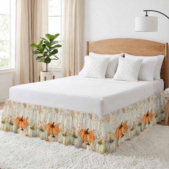 Thanksgiving Fall Bed Skirt California King Size 18 Inch Drop, Rustic Farmhouse Orange Pumpkin Leaf Paper Texture Adjustable Elastic Dust Ruffles Bedskirt Wrap Around Pleated Mattress Frame Cover
