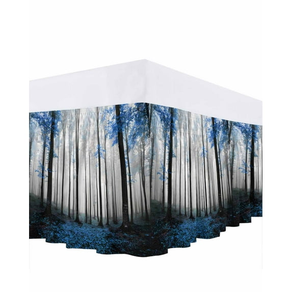 Thanksgiving Fall Bed Skirt Queen Size 16 Inch Drop, Retro Blue Maple Leaf Forest Wrap Around Dust Ruffle Bedskirts, Wrinkle & Fade Resistant Easy Fit Bedskirt with Adjustable Elastic