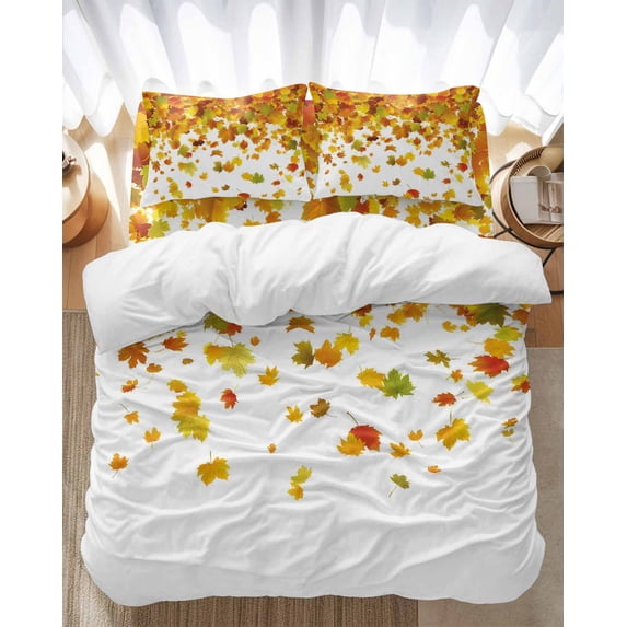 Thanksgiving Fall Bedding Duvet Cover Set Full Size 4 Pieces Orange Green Maple Leaves Vintage Bedding Set with Zipper Closure, 1 Comforter Cover 86x86 Inches 1 Flat Sheet & 2 Pillow Cases