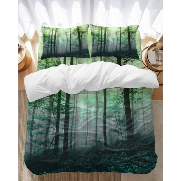 Thanksgiving Fall Bedding Duvet Cover Set Full Size 4 Pieces Retro Green Gradient Maple Leaf Bedding Set with Zipper Closure, 1 Comforter Cover 86x86 Inches 1 Flat Sheet & 2 Pillow Cases