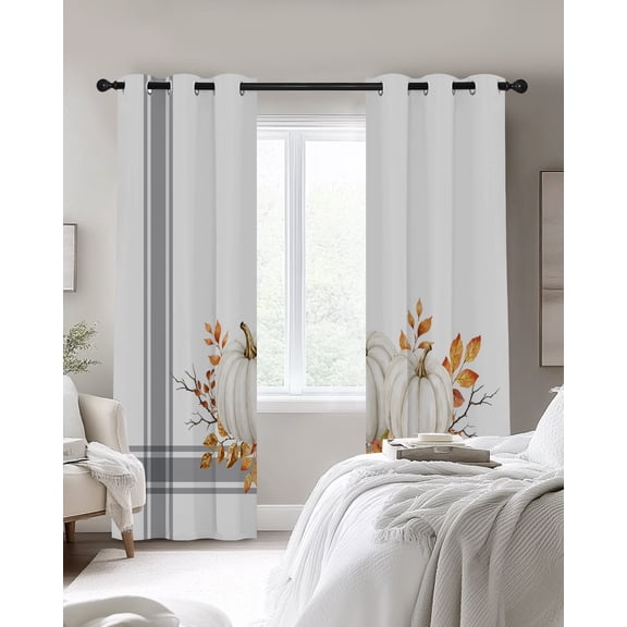 Thanksgiving Fall Blackout Curtains 2 Panels, Rustic White Pumpkin Leaves Gray Plaid Lines Thermal Insulated Grommet Window Curtains for Bedroom Living Room 27.5"x39"
