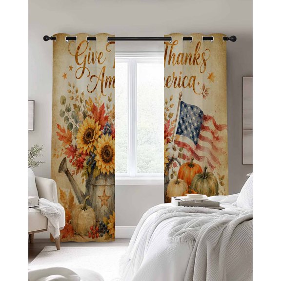 Thanksgiving Fall Blackout Curtains 2 Panels, Vintage Americana Flag Patriotic Pumpkin Sunflower Thermal Insulated Grommet Window Curtains for Bedroom Living Room 42"x45"