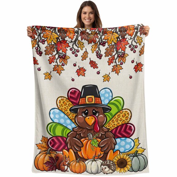 Thanksgiving Fall Blanket Soft Cozy Warm Throw Blanket for Couch, Plush Fuzzy Flannel Blankets for Sofa, Retro Turkey Pumpkin Animals Maple Leaf Bed Blankets Lightweight Gifts for Women, 40"x50"