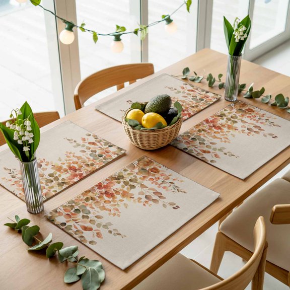 Thanksgiving Fall Botanical Leaves Placemats Set of 4,Wipeable Washable Table Mats for Dining Tables, Watercolor Hanging Leaf on Flax Place Mats for Kitchen Event Party Tabletop Decor