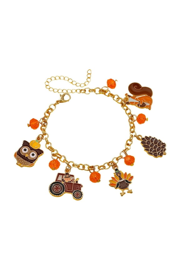 Thanksgiving Fall Bracelets for Women, Cute Turkey Pumpkin Maple Leaf Charms Bracelet, Harvest Orange Brown Bracelets Autumn Party Favors Holiday Gifts