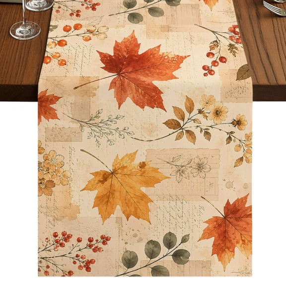 Thanksgiving Fall Burlap Cotton Table Runner 13x36 Inches Short, Watercolor Orange Maple Leaves Plants Farmhouse Table Runners, Outdoor Dining Table Decor for Baby Shower/Party/Wedding