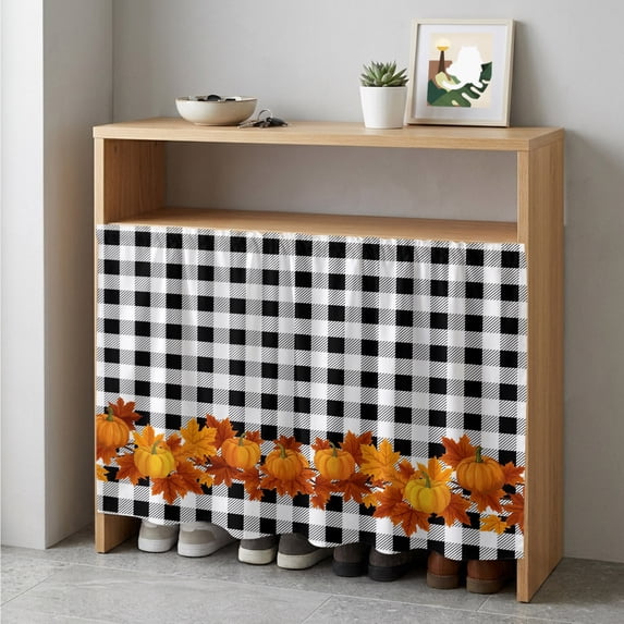 Thanksgiving Fall Cabinet Curtain 35"Wx35"L,Dustproof Under Sink Skirt W/ Self Adhesive Tape,Orange Pumpkins Botanical Black Plaid Cabinet Curtain Cover for Kitchen Sink,Bathroom Vanity,Laundry Room