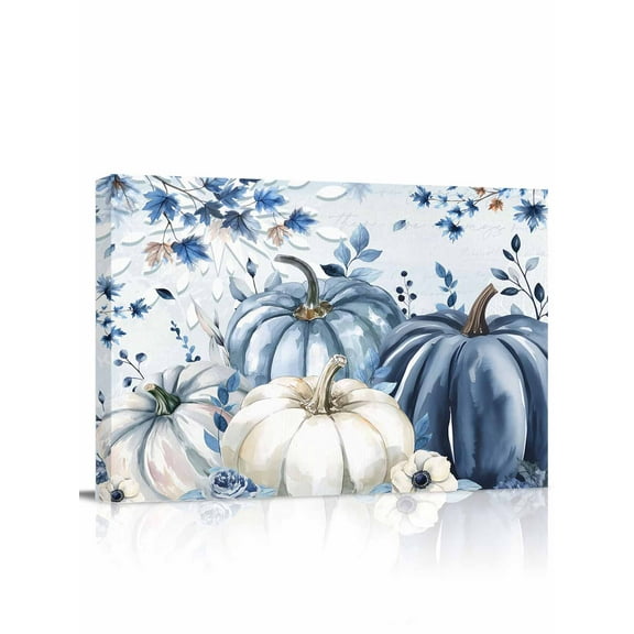 Thanksgiving Fall Canvas Print Wall Art Framed Canvas Art Wall Decor Blue Maple Leaf Pumpkin Autumn Pictures Painting Morden Artwork for Living Room Bedroom, Ready to Hang - 12"x16"