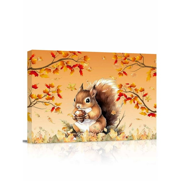 Thanksgiving Fall Canvas Print Wall Art Framed Canvas Art Wall Decor Fall Squirrel Maple Leaves Pictures Painting Morden Artwork for Living Room Bedroom, Ready to Hang - 12"x16"