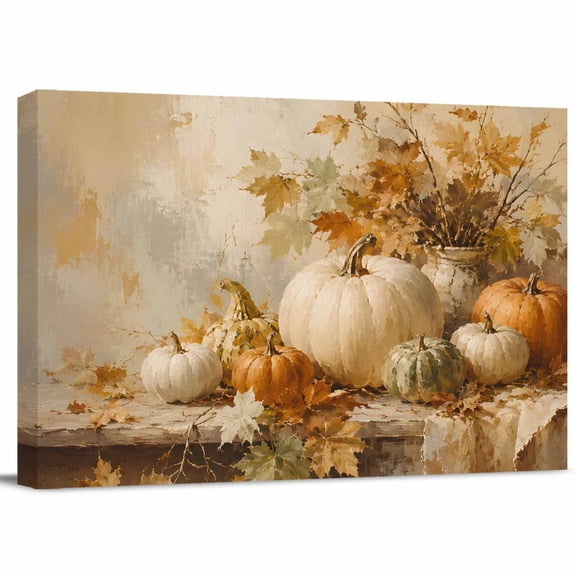 Thanksgiving Fall Canvas Print Wall Art, Rustic White Orange Pumpkin Leaf Ceramic Pot Wall Decor Modern Artwork Paintings Pictures for Living Room Stretched and Framed Ready to Hang - 16" x 20"