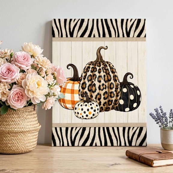 Thanksgiving Fall Canvas Wall Art, Leopard Pattern Pumpkin Wood Grain Zebra Border Framed Canvas Wall Decor Picture Print Artwork Decorations for Living Room Office Ready to Hang 12" x 8"