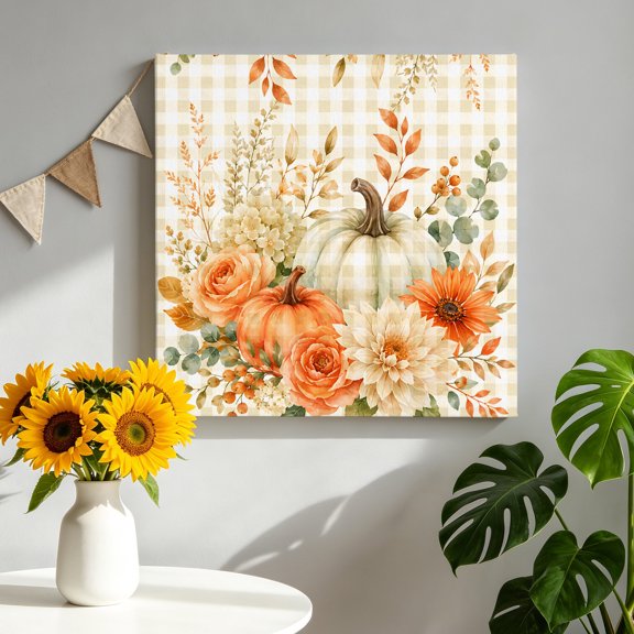 Thanksgiving Fall Canvas Wall Art for Living Room, Rustic Beige Pumpkin Flower Gingham Background Poster Print Painting for Bedroom Office Home Decoration Wall Pictures Prepare To Hang 8"x8"
