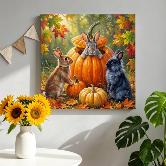 Thanksgiving Fall Canvas Wall Art for Living Room, Rustic Orange Pumpkin Gray Rabbit Maple Leaf Poster Print Painting for Bedroom Office Home Decoration Wall Pictures Prepare To Hang 8"x8"