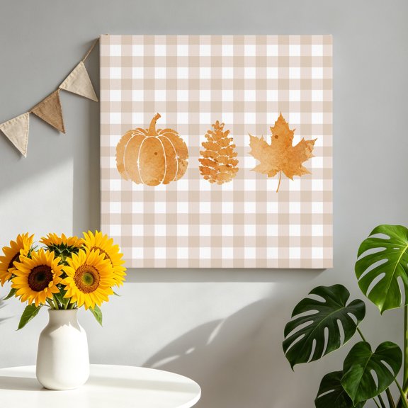 Thanksgiving Fall Canvas Wall Art for Living Room, Rustic Pumpkin Pinecone Maple Leaf Beige Grid Poster Print Painting for Bedroom Office Home Decoration Wall Pictures Prepare To Hang 16"x16"