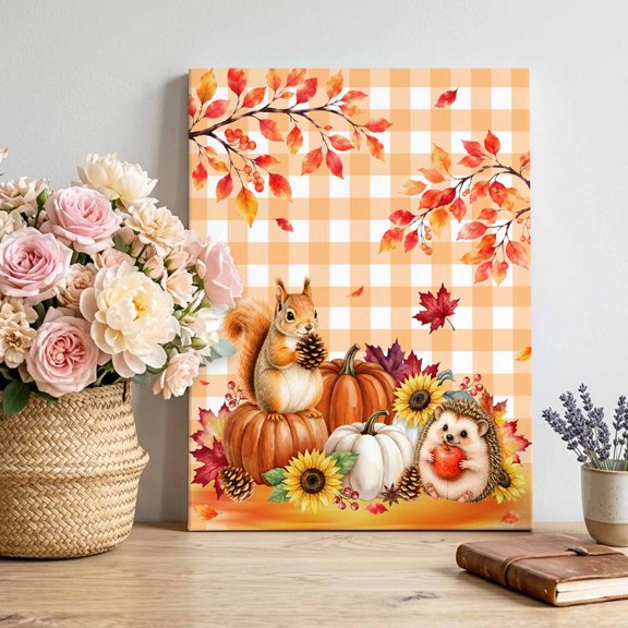 Thanksgiving Fall Canvas Wall Art for Living Room, Rustic Squirrel Hedgehog Pinecone Pumpkin Grid Poster Print Painting for Bedroom Office Home Decoration Wall Pictures Prepare To Hang 12"x16"
