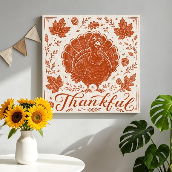 Thanksgiving Fall Canvas Wall Art for Living Room, Rustic Terracotta Turkey Maple Oak Leaf Acorn Poster Print Painting for Bedroom Office Home Decoration Wall Pictures Prepare To Hang 8"x8"