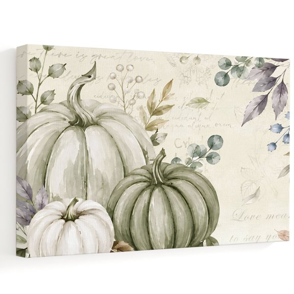 Thanksgiving Fall Canvas Wall Art, Rustic Green White Pumpkin Leaf Script Letter Wall Art Prints Artwork Framed Canvas Ready to Hang Art Pictures for Bathroom, Dressing Table, Entryway 12" x 8"