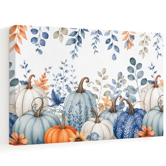 Thanksgiving Fall Canvas Wall Art, Rustic Orange Blue White Pumpkin Foliage Leave Wall Art Prints Artwork Framed Canvas Ready to Hang Art Pictures for Bathroom, Dressing Table, Entryway 12" x 8"