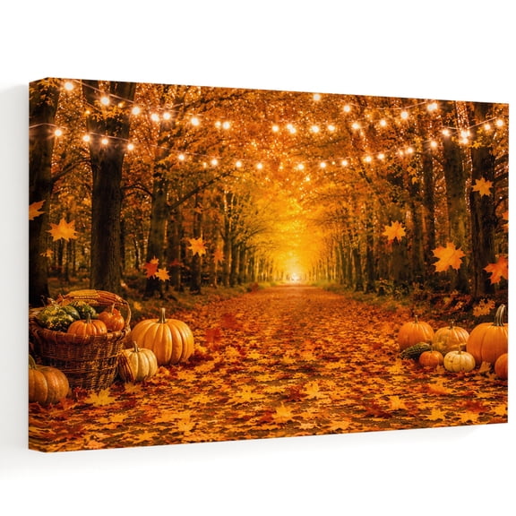 Thanksgiving Fall Canvas Wall Art, Rustic Orange Pumpkin String Light Maple Leaf Wall Art Prints Artwork Framed Canvas Ready to Hang Art Pictures for Bathroom, Dressing Table, Entryway 12" x 8"