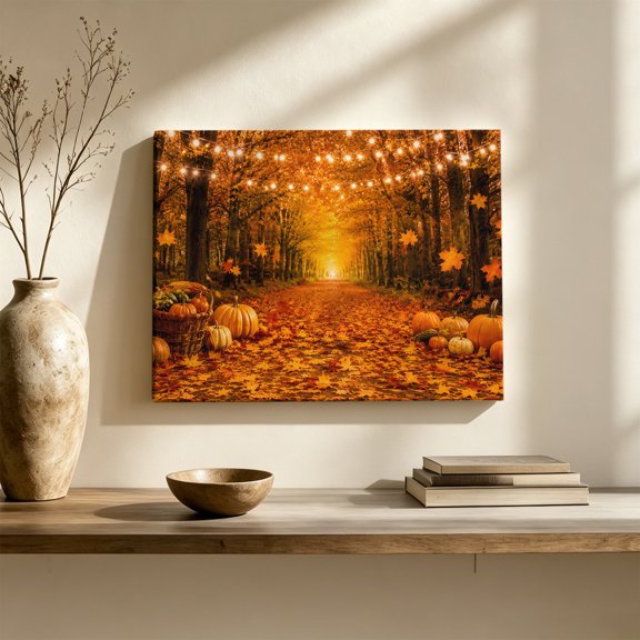 Thanksgiving Fall Canvas Wall Art, Rustic Orange Pumpkin String Light Maple Leaf Wood Framed Gallery Wrapped Canvas Print Wall Art Decor Ready to Hang for Bedroom Living Room 24x16in