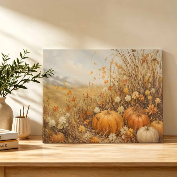 Thanksgiving Fall Canvas Wall Art, Rustic Orange White Pumpkin Meadow Grass Floral Wall Art Prints Artwork Framed Canvas Ready to Hang Art Pictures for Bathroom Bedroom Entry Desk Corner 10" x 8"