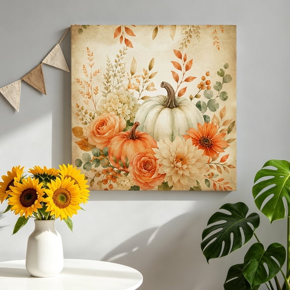 Thanksgiving Fall Canvas Wall Art, Rustic Vintage Beige Pumpkin Flower Shabby Chic Framed Canvas Wall Decor Picture Print Artwork Decorations for Living Room Office Ready to Hang 8" x 8"
