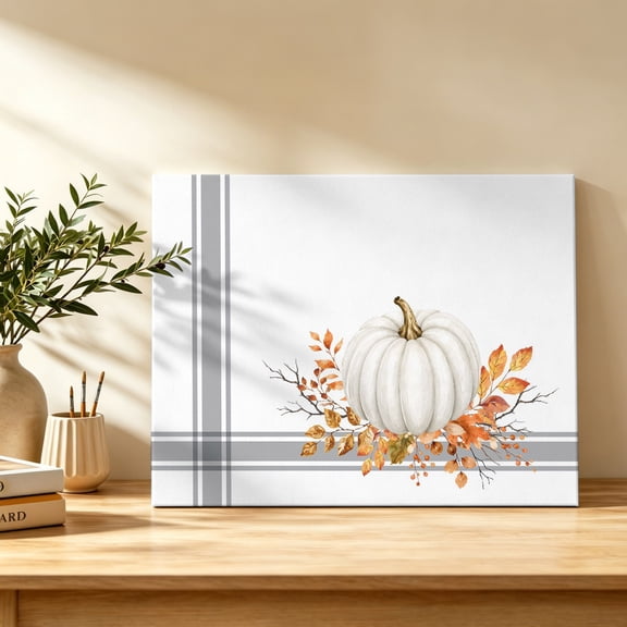 Thanksgiving Fall Canvas Wall Art, Rustic White Pumpkin Leaf Gray Plaid Lines Wall Art Prints Artwork Framed Canvas Ready to Hang Art Pictures for Bathroom, Dressing Table, Entryway 12" x 8"