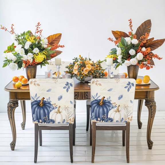 Thanksgiving Fall Chair Back Covers Set of 1, Rustic Blue White Pumpkin Leaf Script Letter Stretch Dining Chair Back Slipcovers Removable Seat Cover for Kitchen Restaurant Hotel Cafe