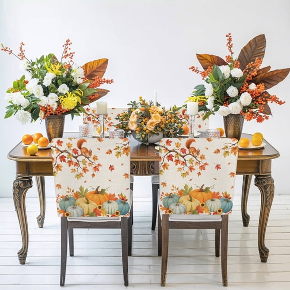 Thanksgiving Fall Chair Back Covers Set of 4, Orange Pumpkins Maple Branch Linen Texture Stretch Dining Chair Back Slipcovers Removable Seat Cover for Kitchen Restaurant Hotel Cafe