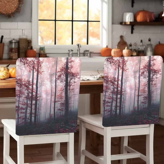 Thanksgiving Fall Chair Covers Set of 1 Retro Red Maple Leaf Forest Chair Back Covers Stretch Removable Washable Slipcovers Protector for Dining Room Kitchen Party Decor