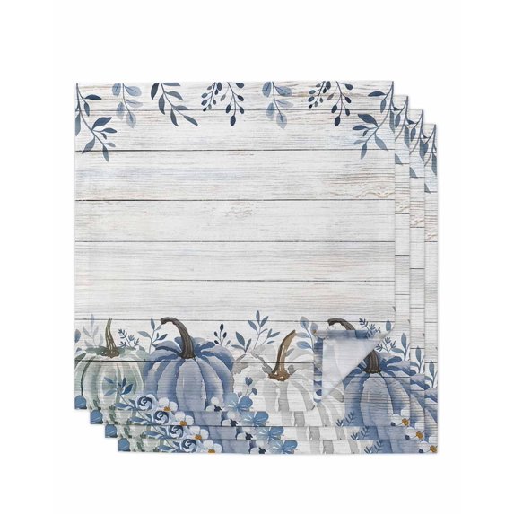 Thanksgiving Fall Cloth Napkins Set of 4 Reusable Dinner Napkins, Blue White Pumpkin Leaves Wooden Grain Cocktail Napkin Washable Table Napkins for Wedding/Holiday Party/Baby Shower 20"x20"